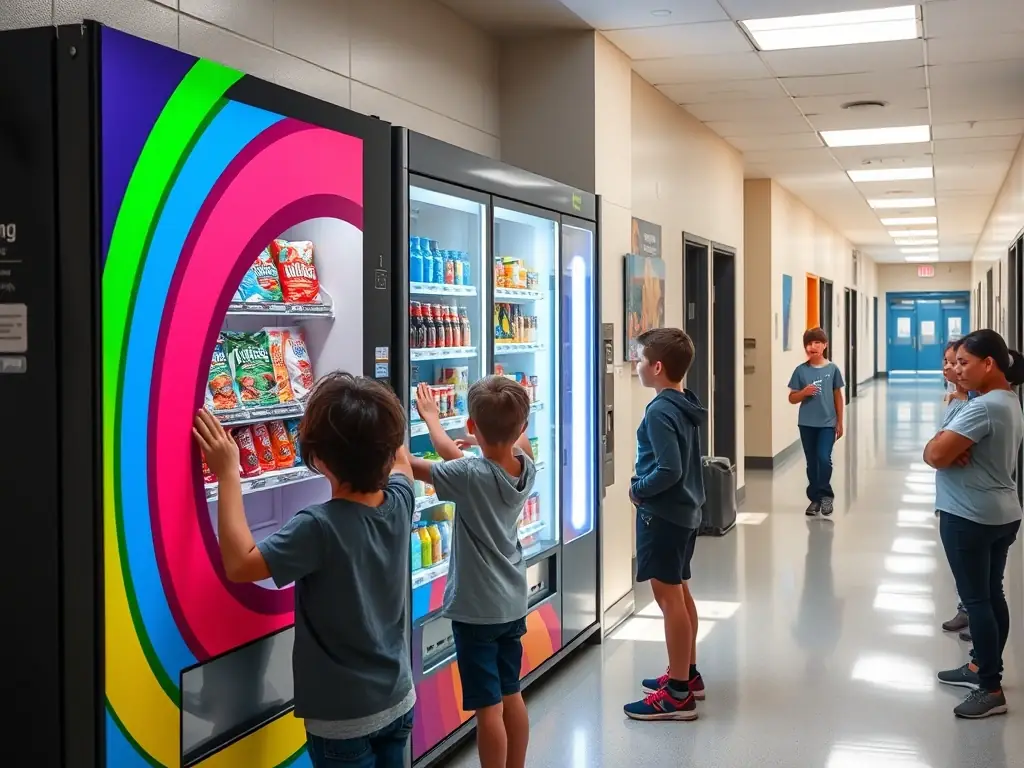 A colorful vending machine in a school hallway, featuring healthy snack options and educational branding. Students are shown using the machine during a break, with a focus on accessibility and ease of use.