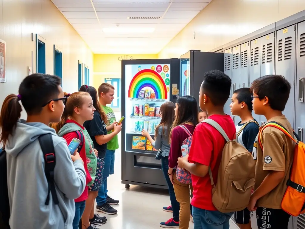 A school hallway with students gathered around a Rainbow Access vending machine, selecting snacks and drinks during a break.