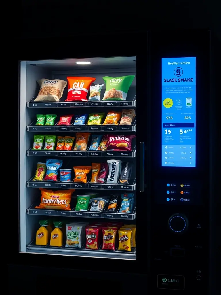 An image of a vending machine with a user-friendly interface, showcasing a selection of healthy snacks and beverages, with clear nutritional information displayed.