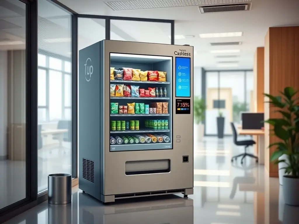An image of a sleek vending machine installed in a modern office environment, showcasing cashless payment terminals and a variety of snack options.