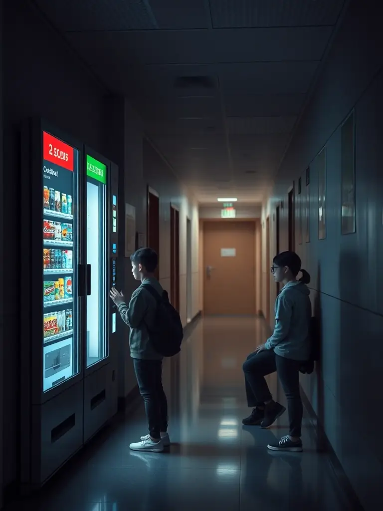 A state-of-the-art vending machine in a school hallway, featuring a user-friendly touchscreen interface and cashless payment options. Students are shown using the machine with ease.