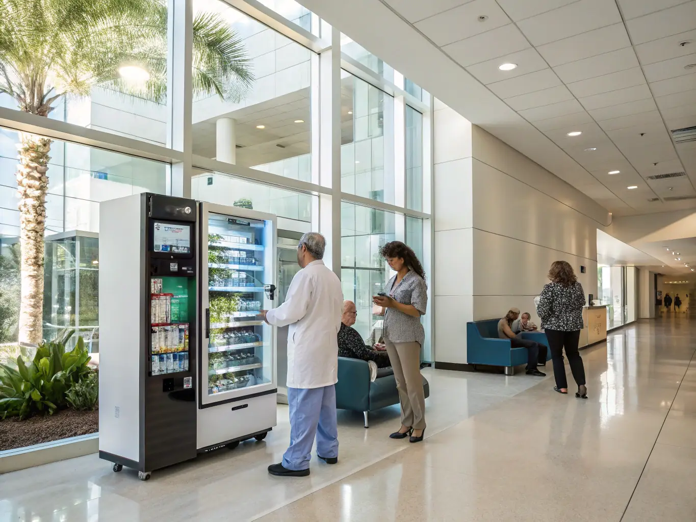 A clean and well-maintained Rainbow Access vending machine in a healthcare facility, offering refreshments to visitors and staff.