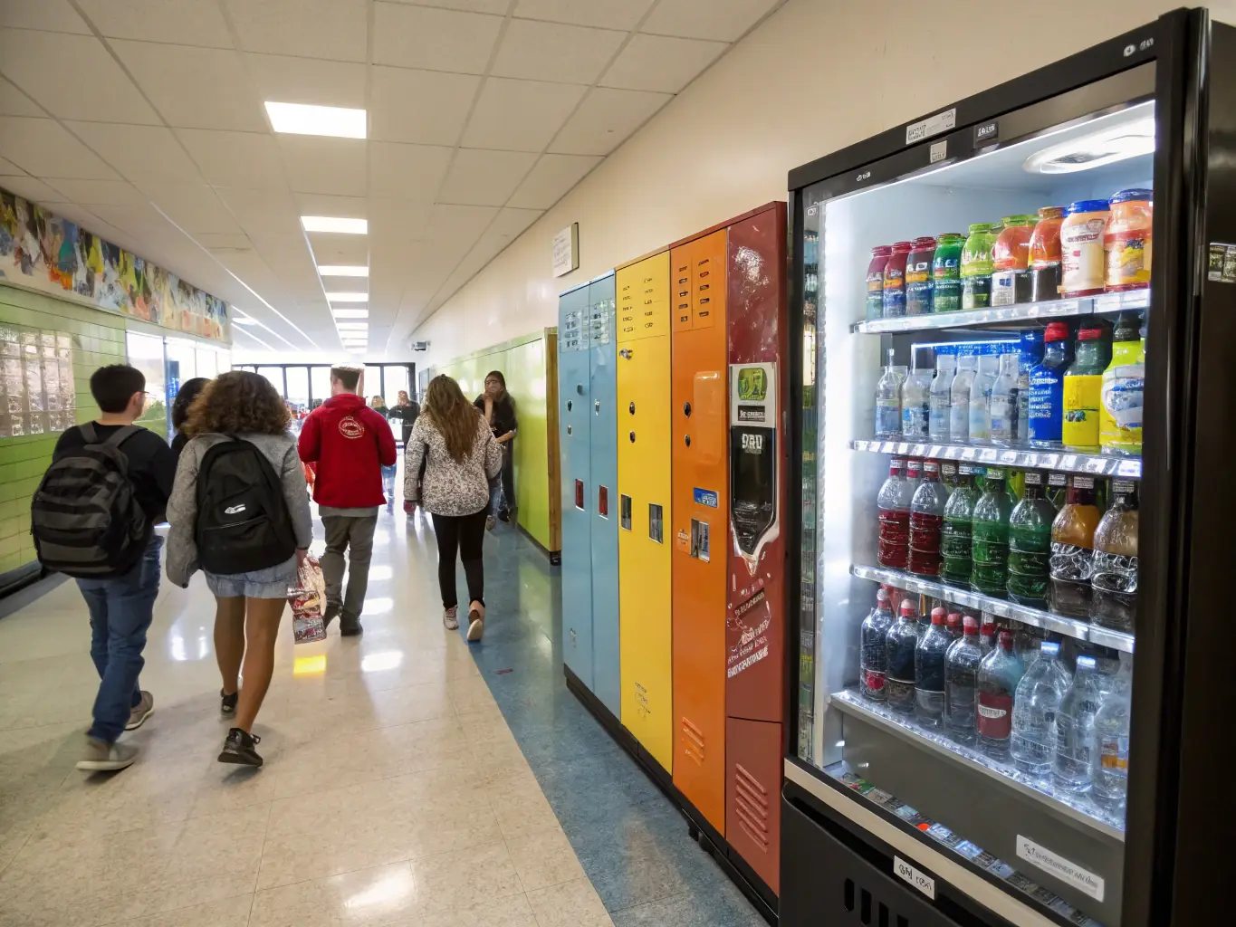 A vibrant school hallway with students gathered around a Rainbow Access vending machine, selecting healthy snack options.