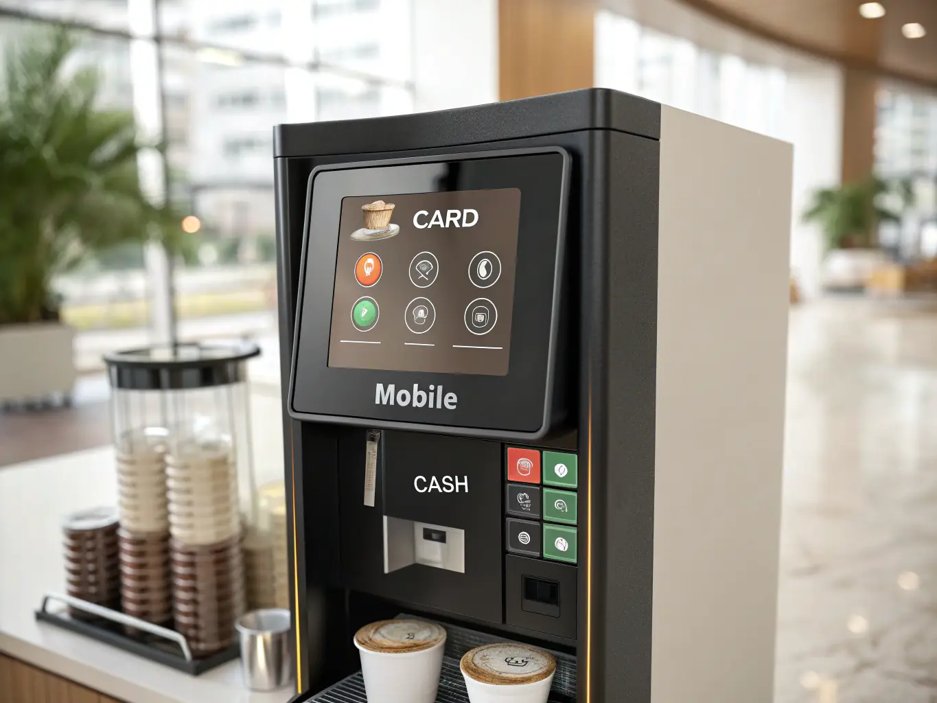 A close-up image of a vending machine interface, highlighting the cashless payment options and user-friendly touchscreen display.