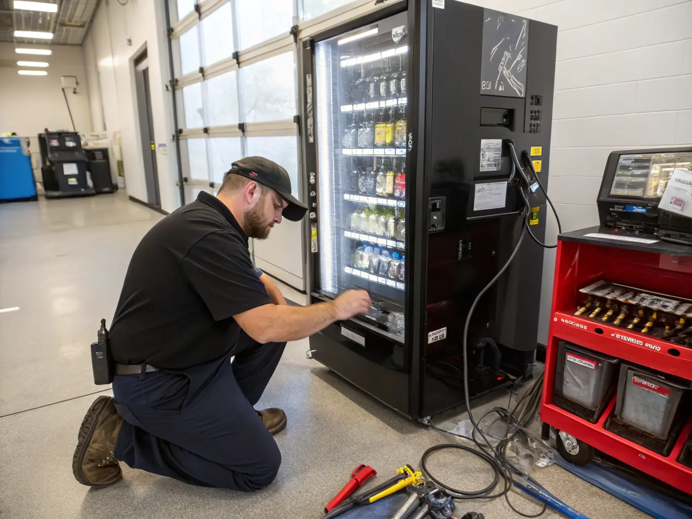 A technician performing maintenance on a vending machine, showcasing the company's commitment to reliable service and support. The technician is using diagnostic tools to ensure optimal performance.