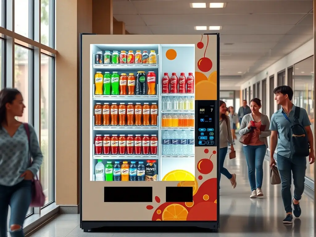 A vibrant image of a vending machine in a school hallway, stocked with healthy snacks and drinks, with students using cashless payment methods.