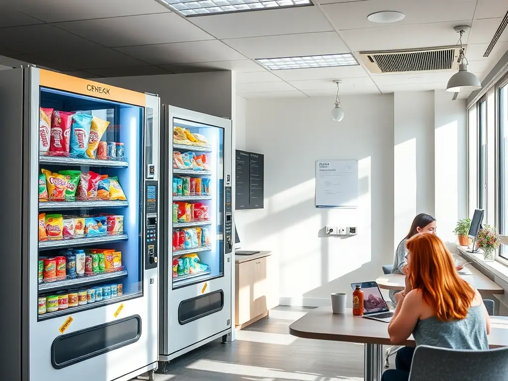 A modern vending machine in a brightly lit office break room, stocked with a variety of healthy snacks and beverages. Employees are seen interacting with the machine, using a cashless payment option.