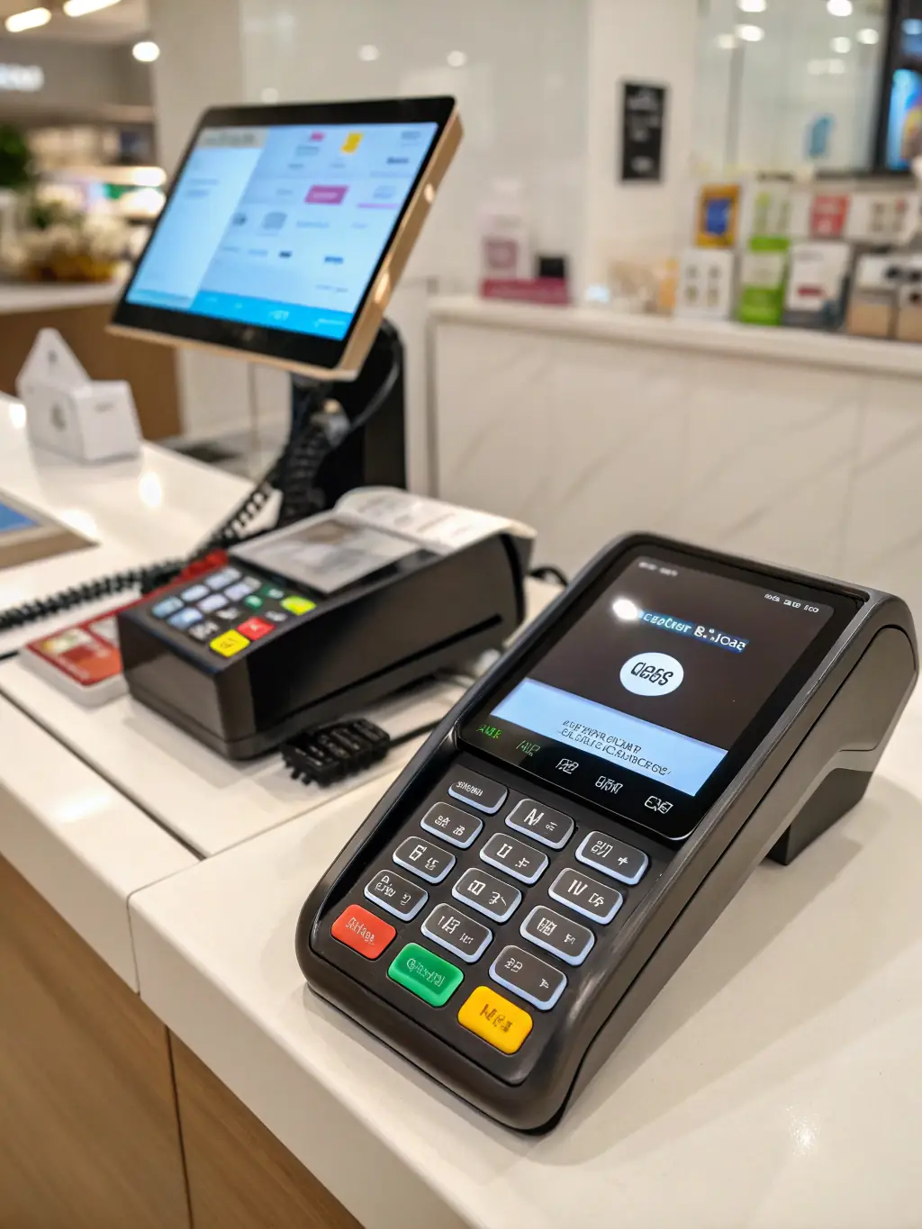 A close-up shot of a vending machine's touchscreen interface, displaying various cashless payment options like mobile wallets, credit cards, and QR codes, set in a modern office environment.