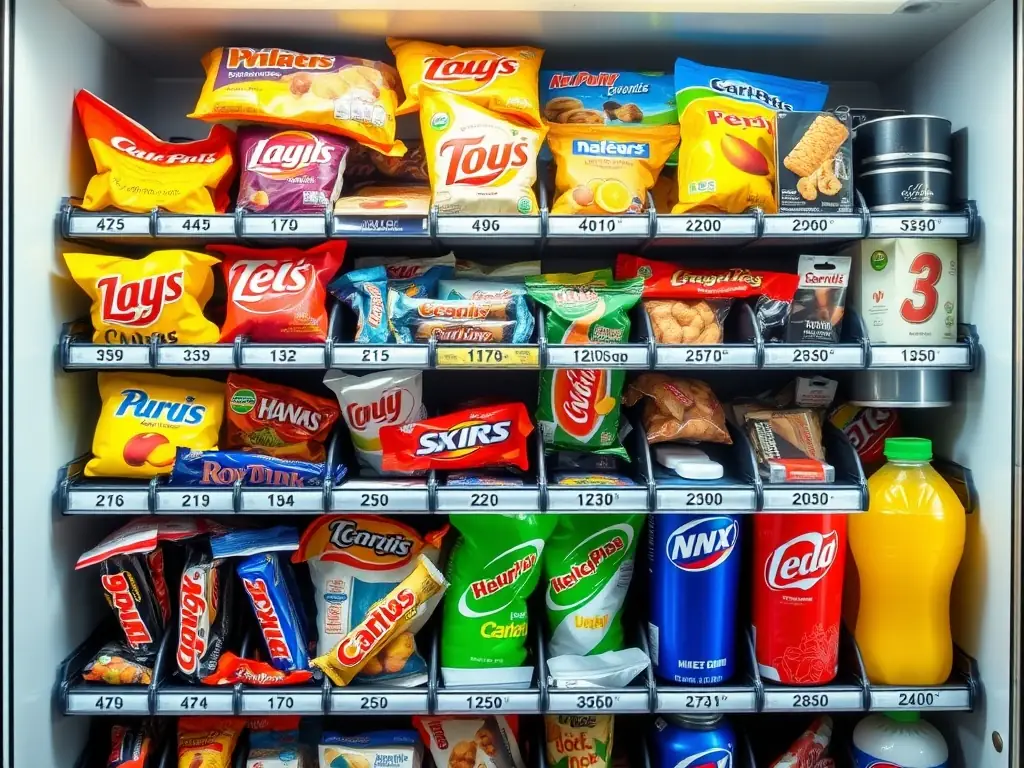 A close-up shot of a vending machine's product selection, highlighting fresh snacks, healthy alternatives, and a variety of beverages. The products are neatly arranged and well-lit.