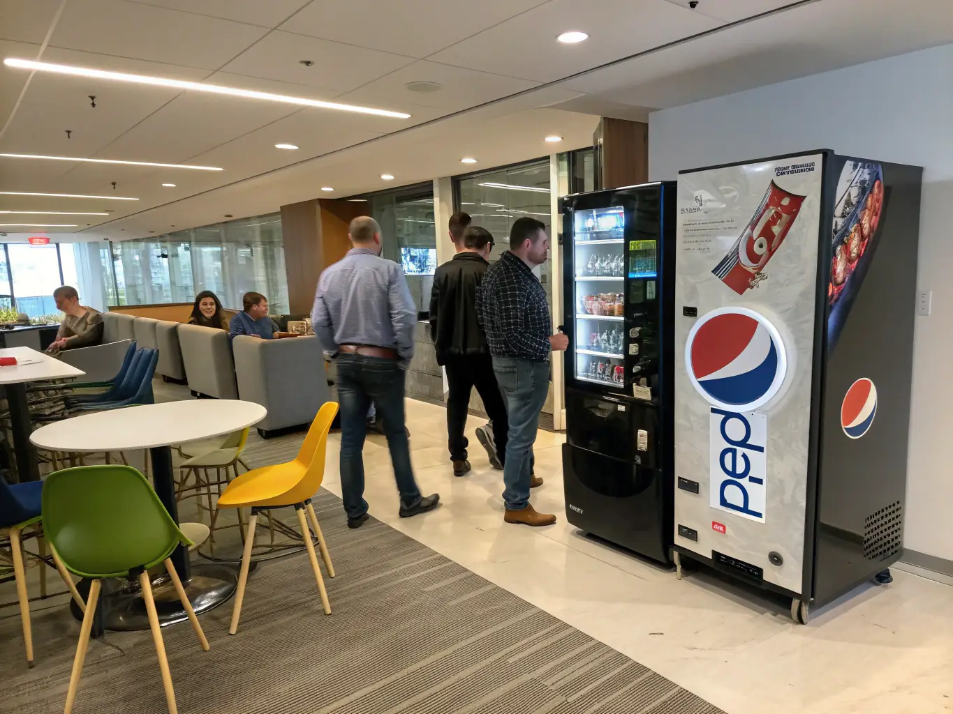 A modern vending machine in a brightly lit office break room, showcasing a variety of healthy snacks and beverages. The machine features a large touchscreen display and cashless payment options.